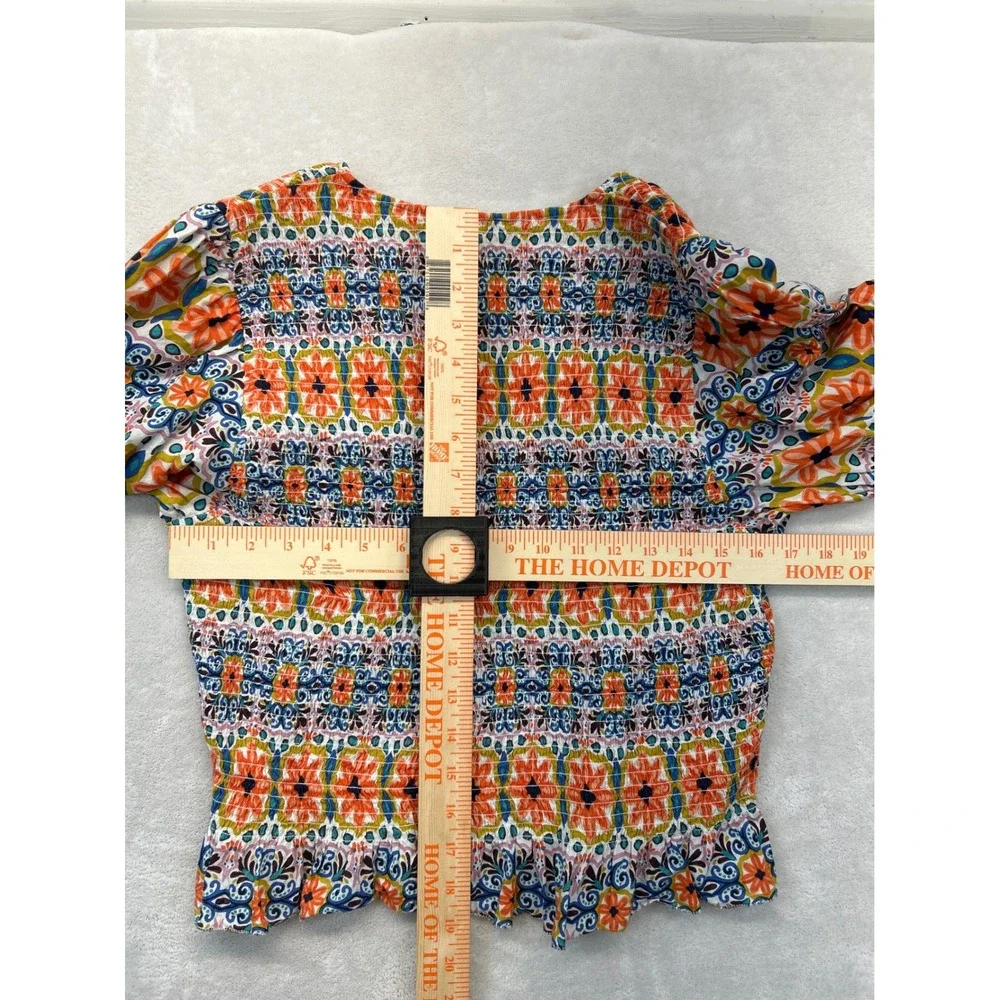 Boden‎ Crop Top Womens 14 Multi Color Smocked Bodice Puff Sleeve Cotton Boho